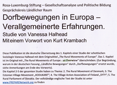Dorfbewegungen in Europa – Verallgemeinerte Erfahrungen. Studie von Vanessa Halhead. Mit einem Vorwort von Kurt Krambach Berlin 2006